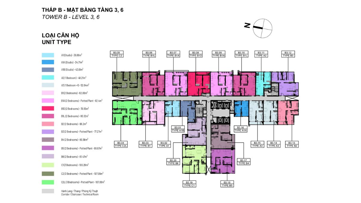 Mặt bằng tầng 3, 6 Tháp B Elysian