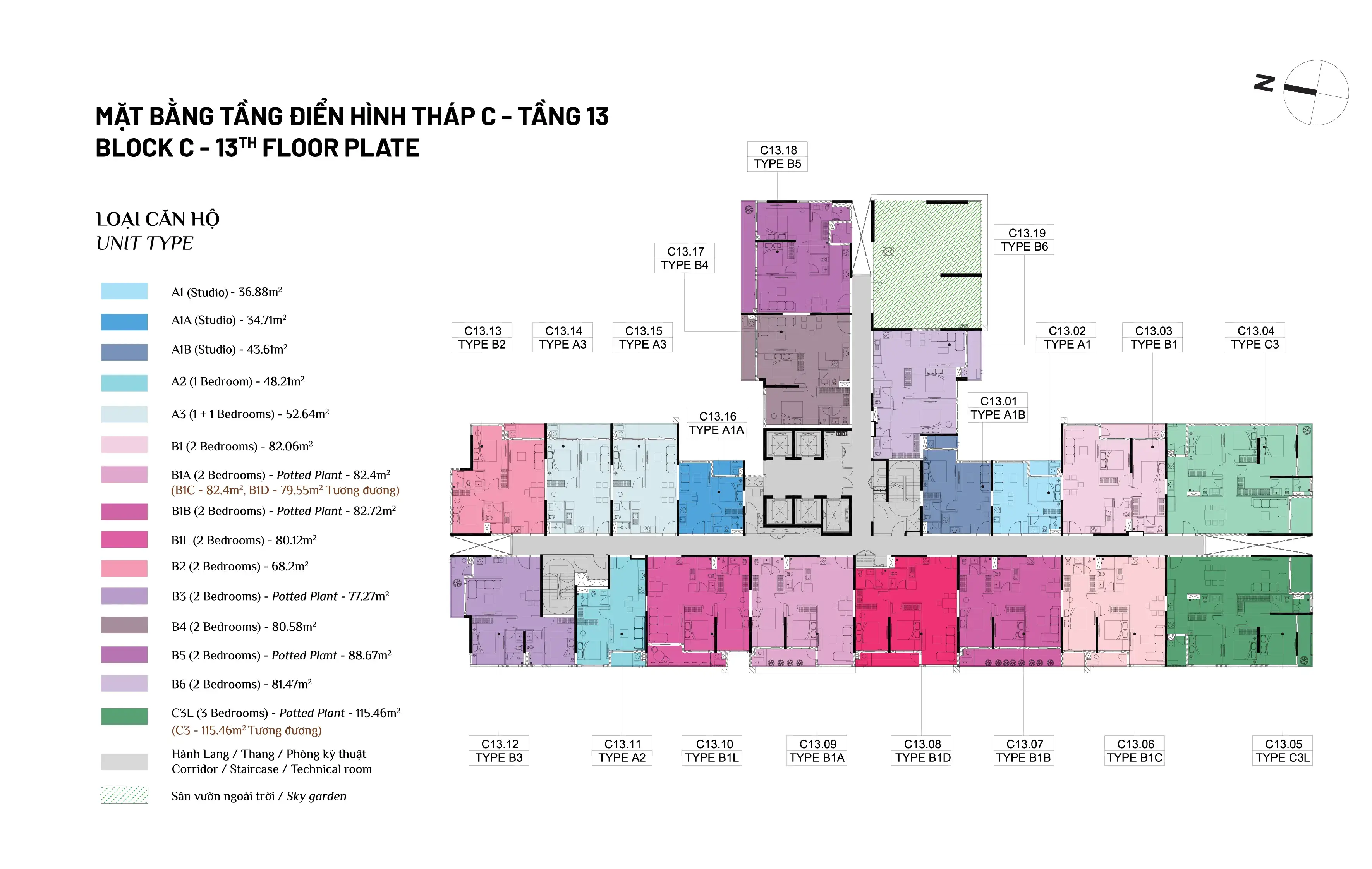 Mặt bằng tầng 13 Tháp C Elysian