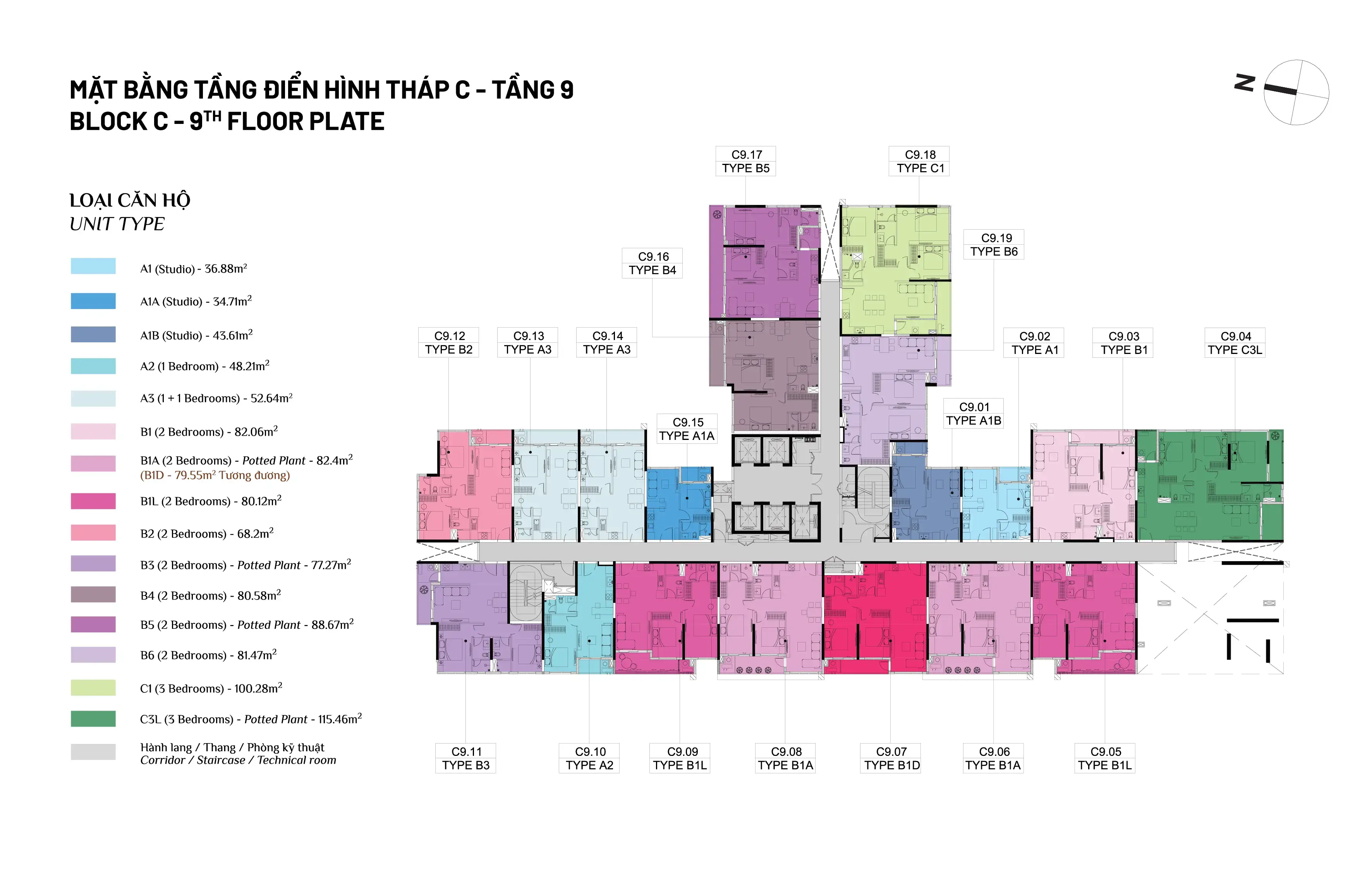 Mặt bằng tầng 9 Tháp C Elysian