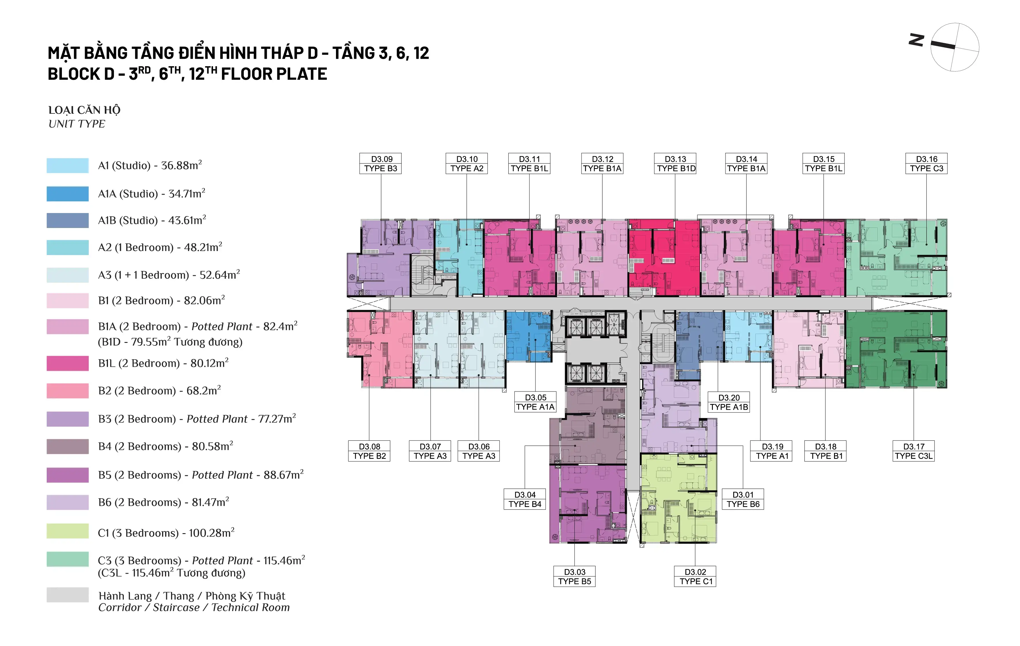 Mặt bằng tầng 3, 6, 12 Tháp D Elysian